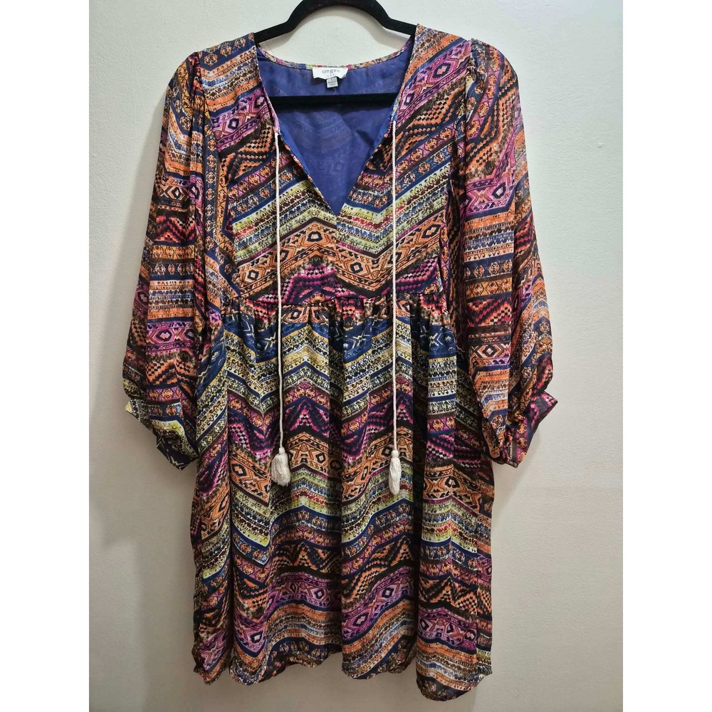 Umgee Boho Colorful Chevron Tassel Babydoll Dress Large Multi Color Geometric